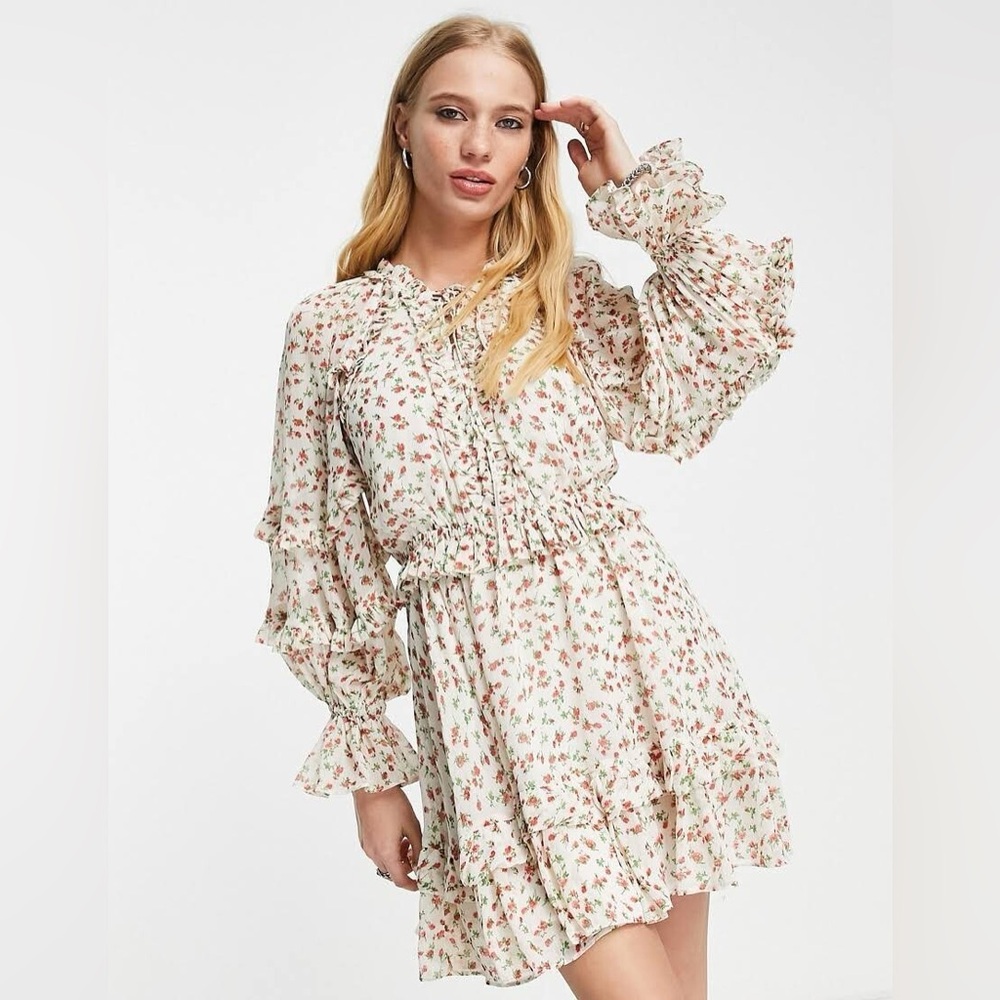 Topshop Dainty Rose Floral Long Sleeve Ruffle Dress